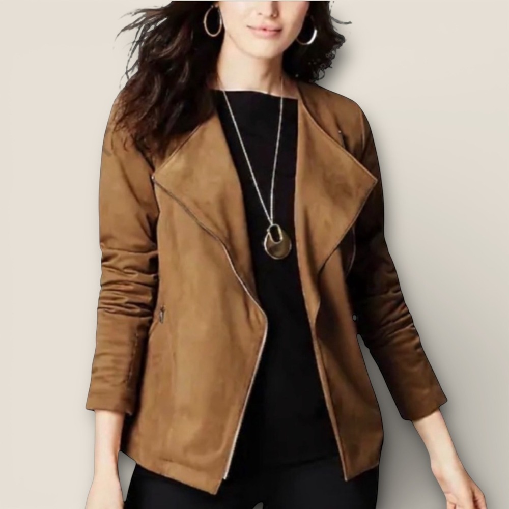 J Jill XL Faux Suede Asymmetrical Zip Moto Jacket‎ Brown Stretch Western Boho